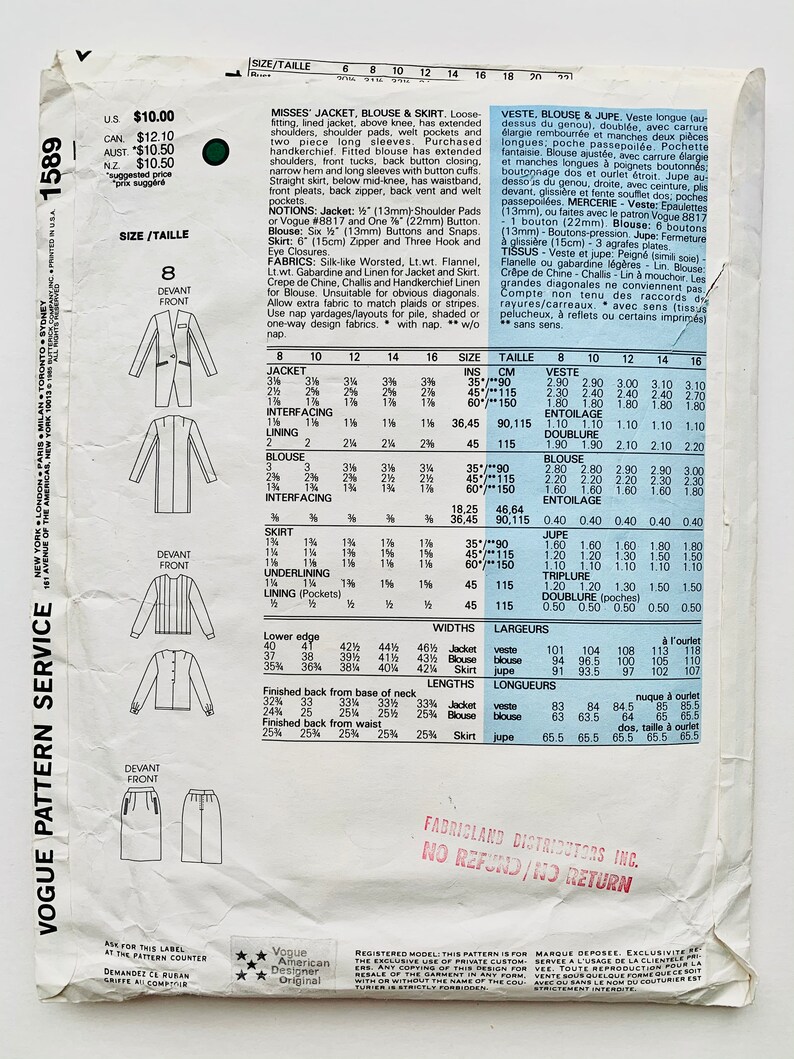Vintage 1980s Vogue Anne Klein Pattern 1589, Jacket Blouse Skirt, Size ...
