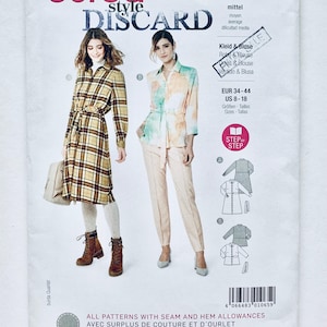 Może przedstawiać: Wzór szycia na sukienkę i bluzkę. Wzór jest dla rozmiarów 34-44 EUR lub 8-18 US. Wzór nazywa się "burda style discard" i zawiera instrukcje krok po kroku. Wzór jest na sukienkę w kratę i bluzkę tie-dye.