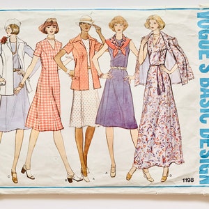 May include: Vintage Vogue Basic Design sewing pattern envelope featuring illustrations of five different women's outfits. The designs include dresses, jackets, and a skirt suit. The envelope is white with blue text and the number 1198.