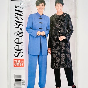 May include: Sewing pattern for a jacket and trousers. The pattern is for sizes 14, 16, and 18. The jacket is shown in two styles, one with a floral print and one with a solid colour. The trousers are shown in a solid colour.