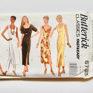 Könnte beinhalten: Ein Vintage-Schnittmuster für fünf verschiedene Kleider. Das Schnittmuster ist für die Größen 6-8-10-12 und 9-10-12. Das Schnittmuster ist von Butterick Classics Fast & Easy.