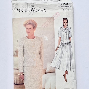 May include: A vintage Vogue Woman sewing pattern, featuring a woman in a skirt suit and a drawing of a dress. The pattern number is 8592, with sizes 8-10-12. The package is cream-colored with text and illustrations.