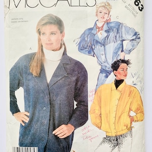 May include: A sewing pattern for three jackets. The pattern is for sizes medium. The jackets are shown in blue, yellow, and black.