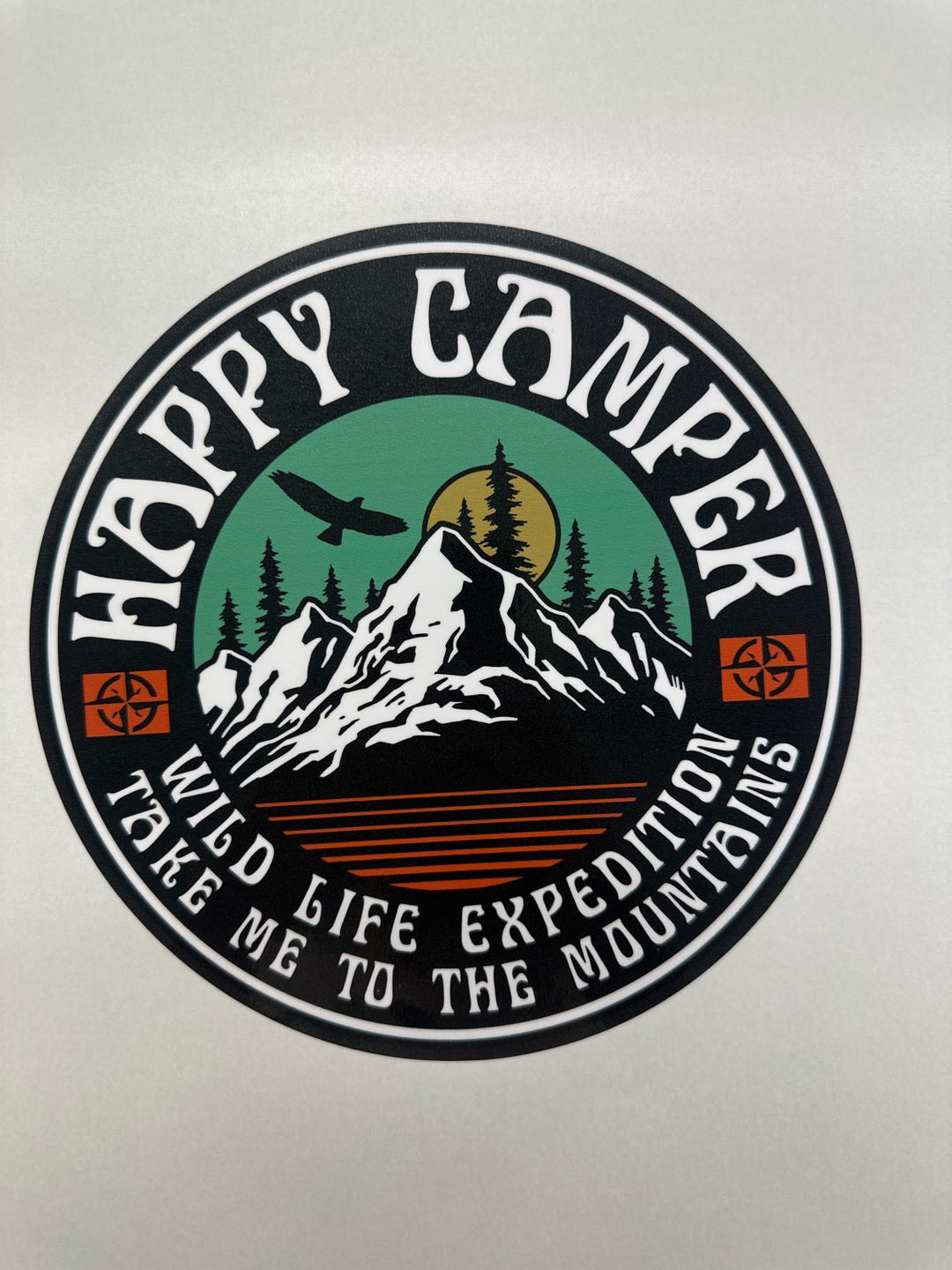 Happy Camper Sticker Car Decal, Round Mountain Camping Vinyl Sticker ...