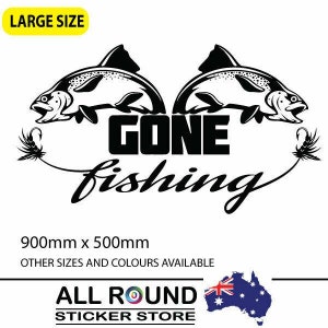 Grote sticker GONE FISHING, voor boot, ute, camper met haak en vis