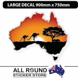 90 cm Australie-Autocollant-carte-orange-avec-kangourou-coucher du soleil-900 mm x 750 mm