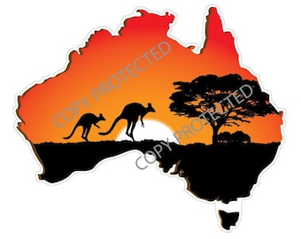 Large Australian Map Decal with Kangaroo Silhouette and Sunset - Orange Sticker