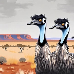 Cabezas de emú asomando con paisaje australiano Archivo digital
