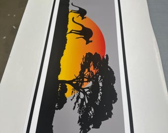 Rectangular decal featuring kangaroos with birds and Australian sunset with a beautiful tree
