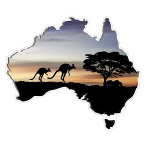 Mapa de Australia con árbol al atardecer y calcomanía de paisaje rústico para autocaravanas y otros vehículos