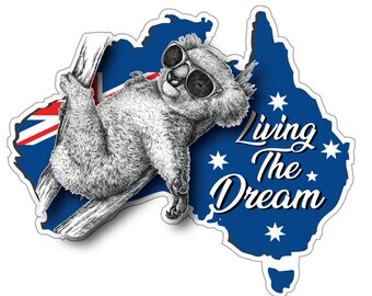 Koala Australia Map “Living The Dream” Vinyl DecalKoala Australian Flag Map sticker decal Rv Motorhome, vehicle, camper , truck, van