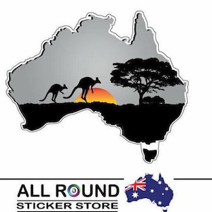 Pegatina con el mapa de Australia en gris vibrante con canguros y puesta de sol para vehículos recreativos