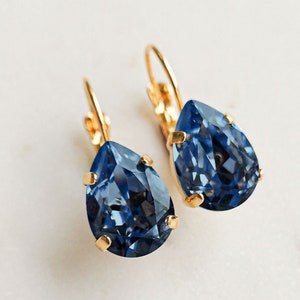 Crystal Earrings/ Navy Blue/ Rose Gold Earrings / Leverback Earrings/ Birthday Gift/ Gift for wife