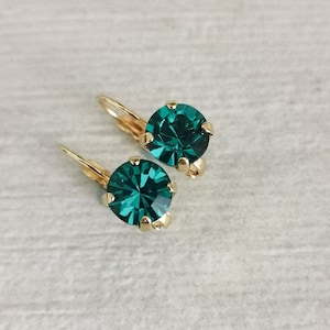Green Blue Crystal Earrings/ Gold Lever back Earrings/ Simple Everyday Jewellery / Bridesmaids Gift/ Birthday Gift for her/ Gift for mom