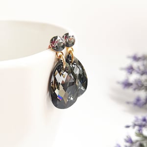 Pendientes de cristal negro/ Pendientes llamativos de oro rosa/ Pendientes de plata/ Pendiente vintage/ Regalo para ella