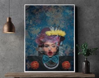 Modern surreal collage portrait detailed multicoloured wall art Surrealistic fashion art printable poster Girly wall decoration idea