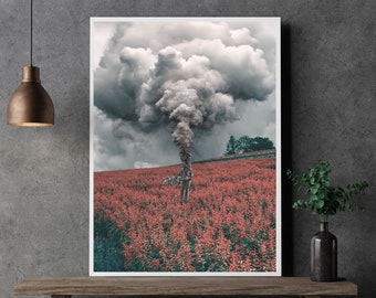 Dreamy modern surreal collage art Digital download surrealistic poster Pink and grey landscape print for surrealism lovers Instant download