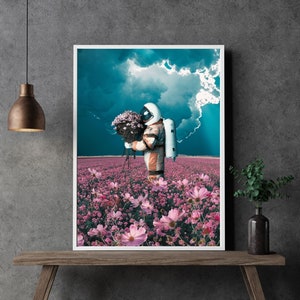 Astronaut with pink flowers wall art, Modern astronaut instant download digital collage, Turquoise sky surreal printable wall decor