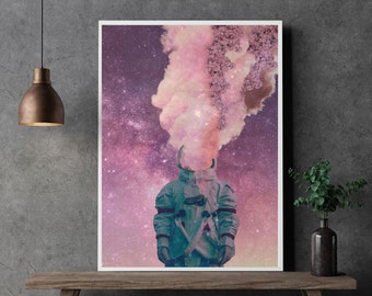 Surreal astronaut with head in pink clouds and flowers wall art, Modern instant download cosmic astronaut wall decor, Dreamy space poster