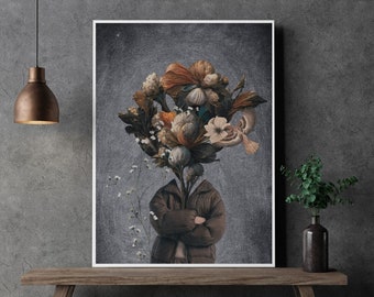 Op de afbeelding: Een digitale kunstprint met een persoon met een boeket bloemen als hoofd. De bloemen zijn een mix van bruin, wit en oranje. De persoon draagt ​​een bruin jack en heeft zijn armen gekruist. De achtergrond is donkergrijs.