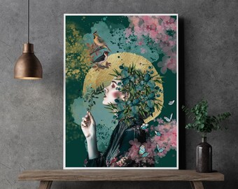 Arte de pared moderno verde esmeralda / Cartel botánico abstracto relajante con mariposa para la cocina, decoración de la sala de estar / Arte descargable de la naturaleza