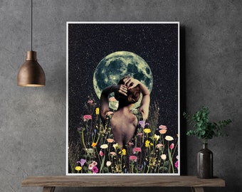 Arte moderno de la pared de la luna llena / cartel espacial maximalista imprimible para los amantes de la astrología / regalo de cartel digital 24x36 para la sala de estar, decoración de la oficina