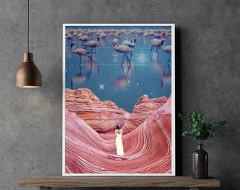 Dreamy Digital Printable Wall Art, Surreal Dreamy Collage Poster, Flamingo Lovers,  Downloadable Wall Decor  Instant Download Digital Design