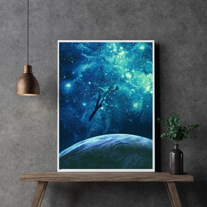 May include: A digital art print featuring a woman diving headfirst into a blue and green galaxy with stars and a planet in the background.