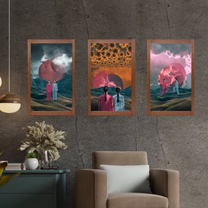 Dreamy moody surreal digital collage set of 3, Set of three printable artwork, Cloudy sky and landscape instant download wall poster