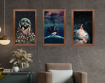 Set van 3 surrealistische dromerige collagekunstwerken Vrouwen in de ruimte kunstbundel instant download posters voor liefhebbers van surrealisme Muurkunst decor idee