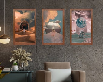 Set van 3 surrealistische collage kunst aan de muur Digitale download moderne landschapsposters voor liefhebbers van surrealisme Hongersnood mooie dromerige muurdecorideeën