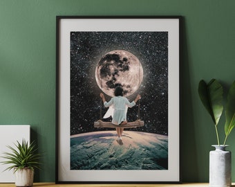 Full Moon Printable Wall Art, Modern Digital Photomontage, Surreal Collage Poster, All Ratio Downloadable Wall Decor, Instant Download Print