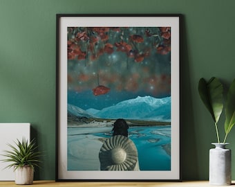 Arte da parete stampabile digitale da sogno, poster di collage surreale da sogno, amanti dei fiori di papavero, decorazione da parete scaricabile Design a download istantaneo