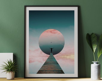 Modern geometric pink and blue landscape wall art, clouds printable wall decor,  dreamy downloadable poster, contemporary abstract collage