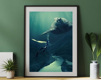 Grote groene zeeschildpad die door de oceaan zwemt kunstprint Onderwater surrealistische instant download muurkunst Zeeschildpad afdrukbare poster Wanddecor
