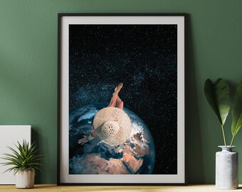 Planet Erde surrealer digitaler Download Druck, Himmel bei Nacht Collage Dekor, Kosmos sofortiger Download Wandkunst, moderne Fotomontage Poster
