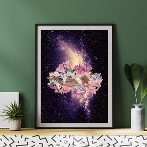 May include: A woman reading a book while floating in a galaxy of stars and flowers.