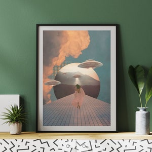 Modern surreal UFO wall art decor Alien lovers instant download poster Geometric shapes digital collage UFO wall print sci-fi lovers poster