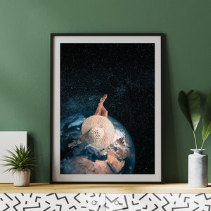 Planet Earth surreal digital download print, Sky at night collage decor,  Cosmos instant download wall art, Modern photomontage poster