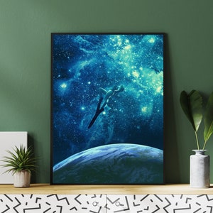 May include: A digital art print featuring a silhouette of a person jumping into a blue and green galaxy with stars. The person is facing away from the viewer and is in mid-air. The galaxy is filled with stars and a planet is visible in the distance.