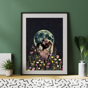May include: A woman stands in a field of flowers, looking up at a full moon in a starry night sky. The woman's back is to the viewer, and she is wearing a floral crown.