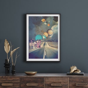Hippie travellers surreal planet collage wall art print, Road hitchhikers quirky bohemian poster, Solar system surrealism wall art print