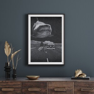 Black and white hippie travellers bohemian wall art, Shark sky surreal collage art print, Quirky bohemian vintage poster, Surrealism