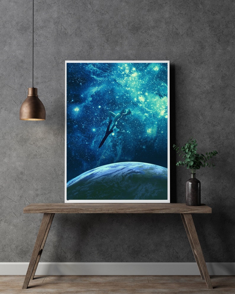 May include: A digital art print featuring a woman diving headfirst into a blue and green galaxy with stars and a planet in the background.