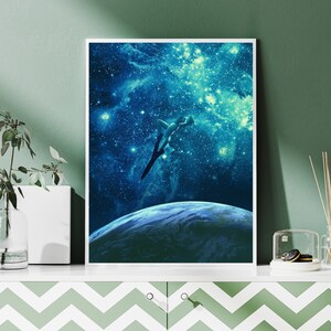May include: A digital art print featuring a silhouette of a person diving into a starry night sky above a blue planet. The print has a blue, white, and black color scheme.