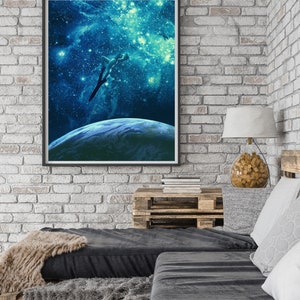 May include: A framed print of a blue and green galaxy with a silhouette of a person jumping towards the Earth. The Earth is a blue and green sphere with a white cloud cover.
