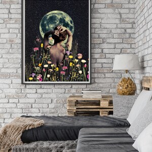 May include: A woman with her back to the viewer stands in a field of flowers under a full moon. The moon is green and the sky is dark with stars.
