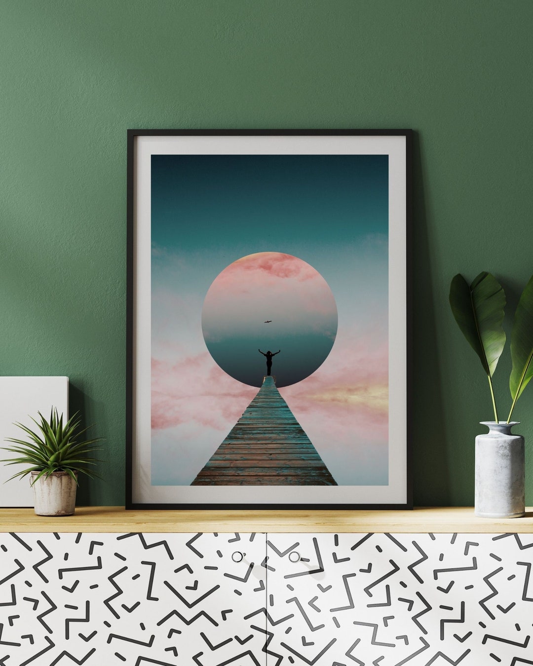 Modern Geometric Pink and Blue Landscape Wall Art Clouds Etsy