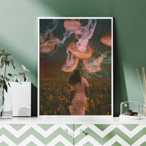 May include: A woman in a floral dress walks through a field of sunflowers with a group of jellyfish floating above her. The jellyfish are a pale orange color with long, trailing tentacles.
