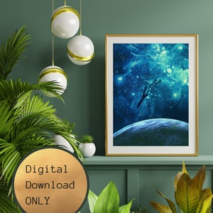 May include: A digital download of a print featuring a silhouette of a person diving into a galaxy of stars. The print is framed in gold and displayed on a shelf with plants.